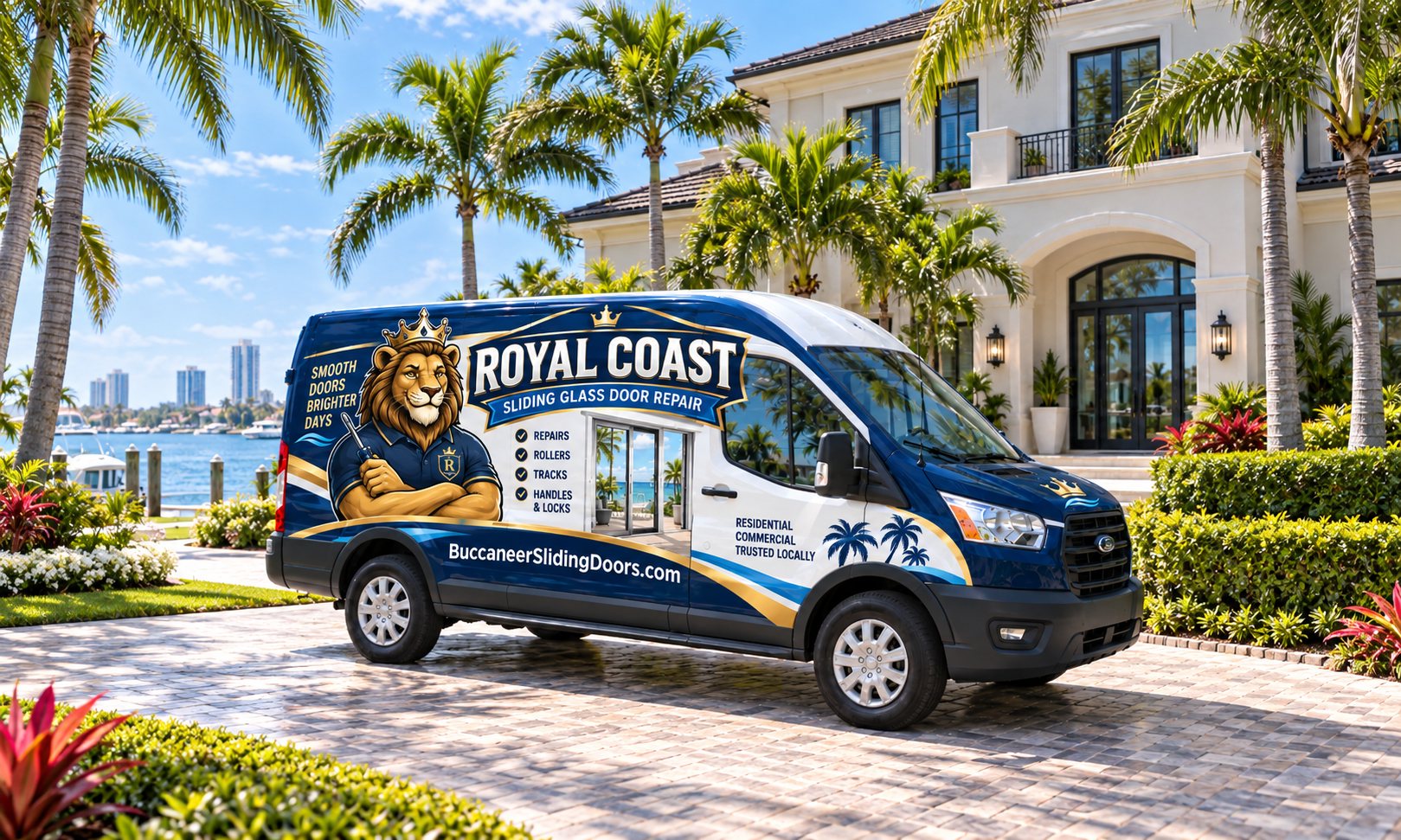 Royal Coast Sliding Glass Door Repair service van at a South Florida residence